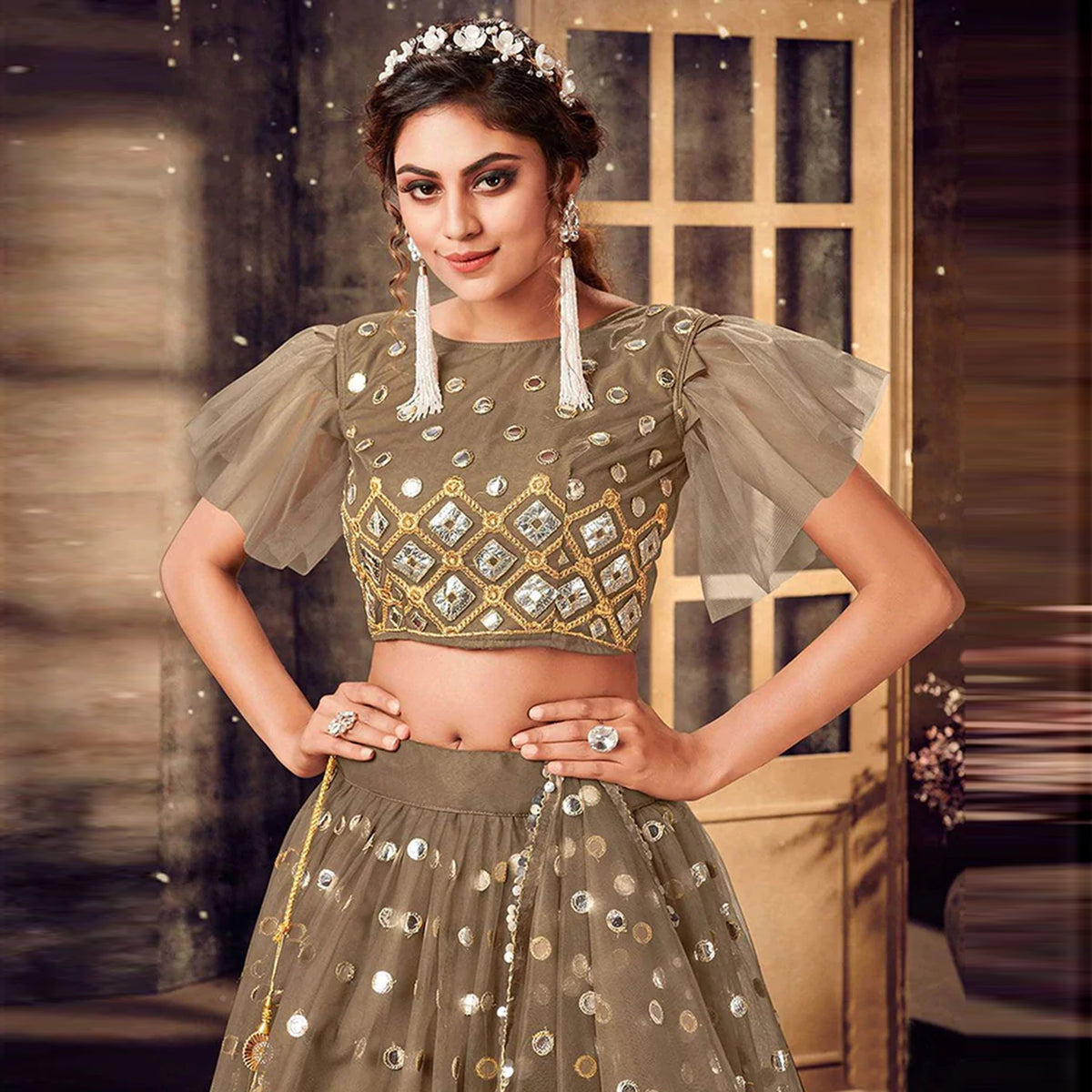 Brownish Grey Soft Net Lehenga choli ClothsVilla