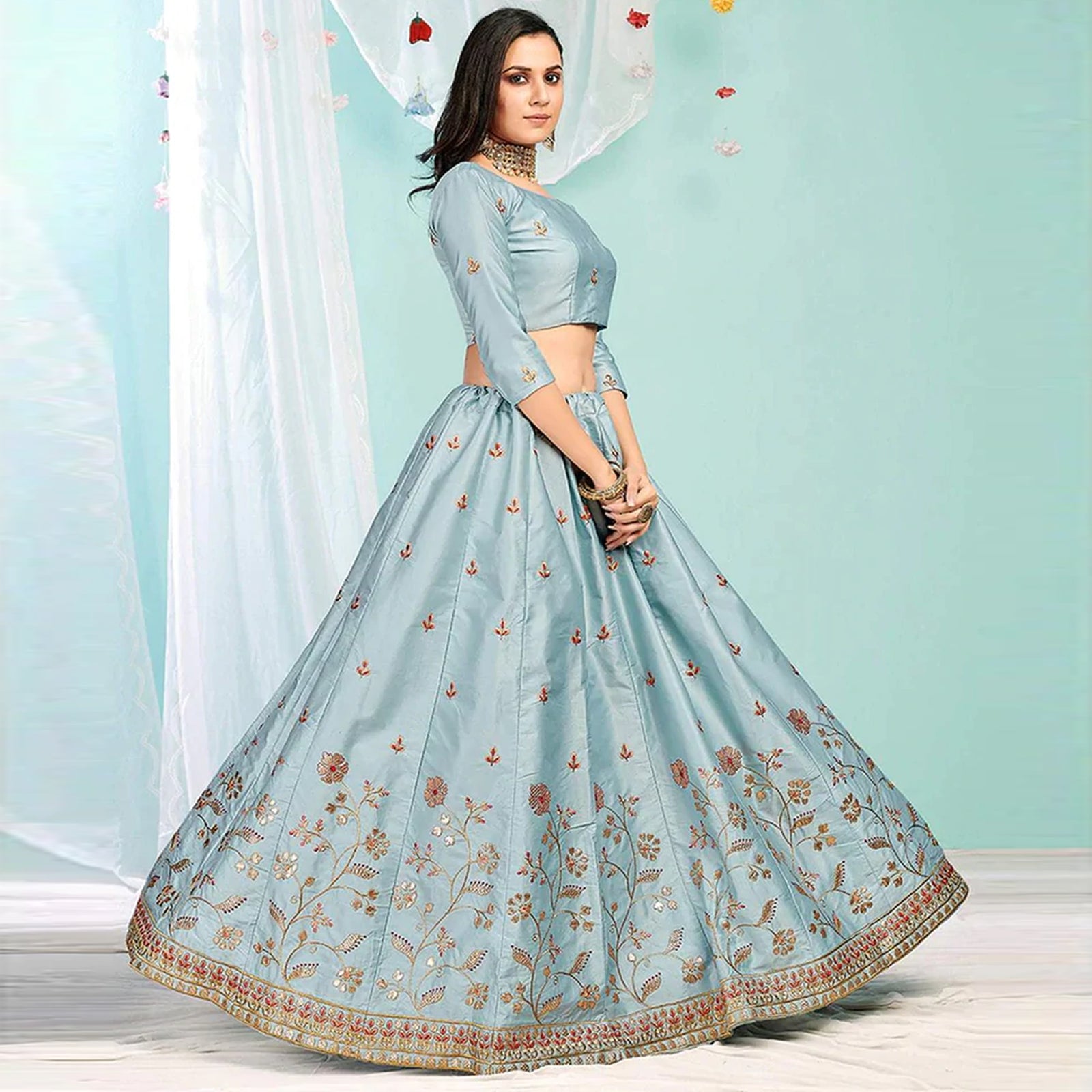 Cool Grey Gota Patti and Zari Stich Without can can work Lehenga choli ClothsVilla