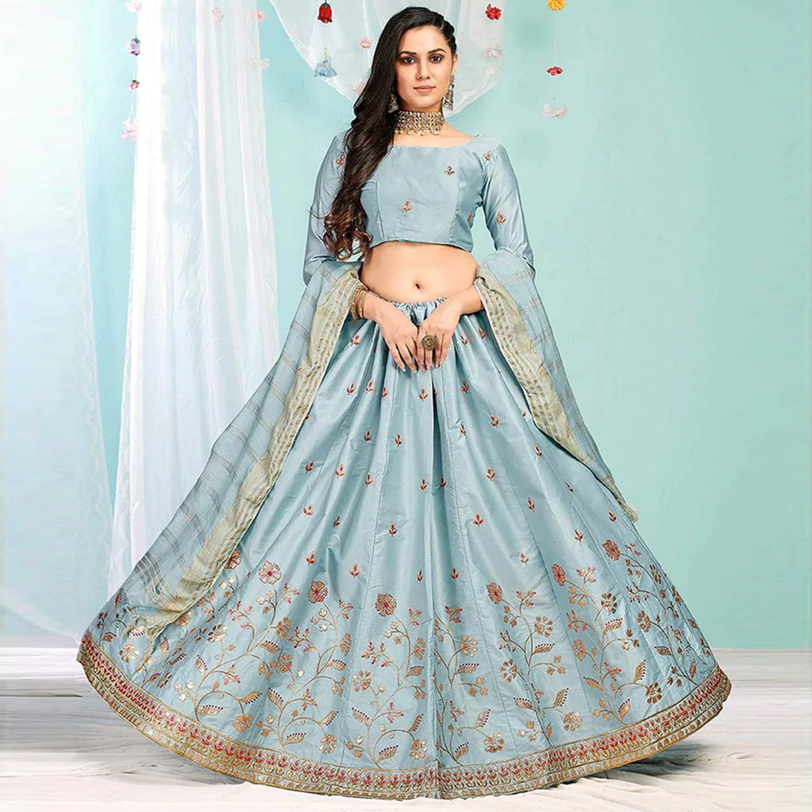 Cool Grey Gota Patti and Zari Stich Without can can work Lehenga choli ClothsVilla