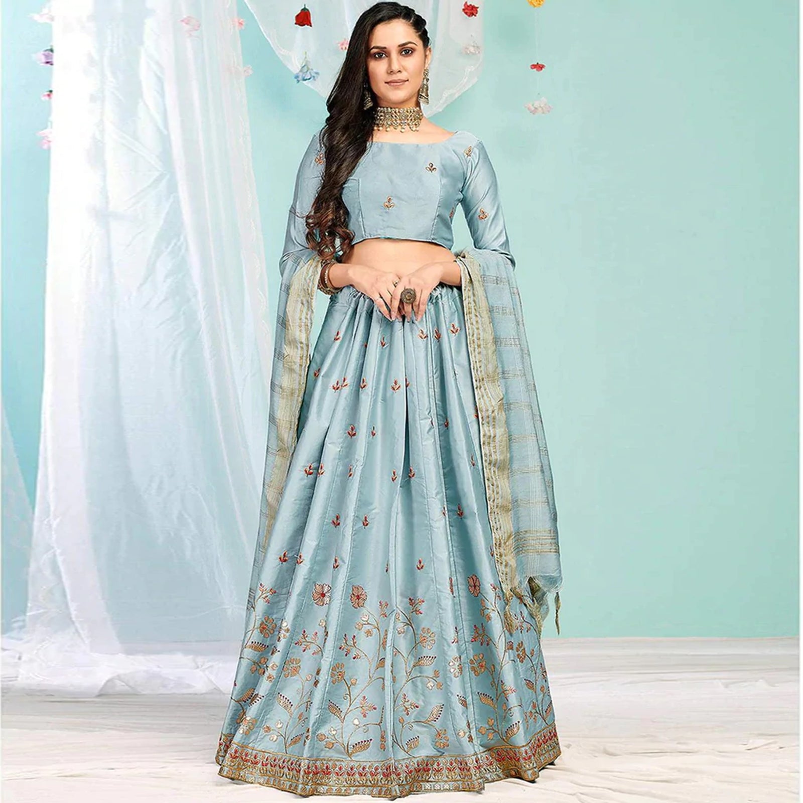 Cool Grey Gota Patti and Zari Stich Without can can work Lehenga choli ClothsVilla