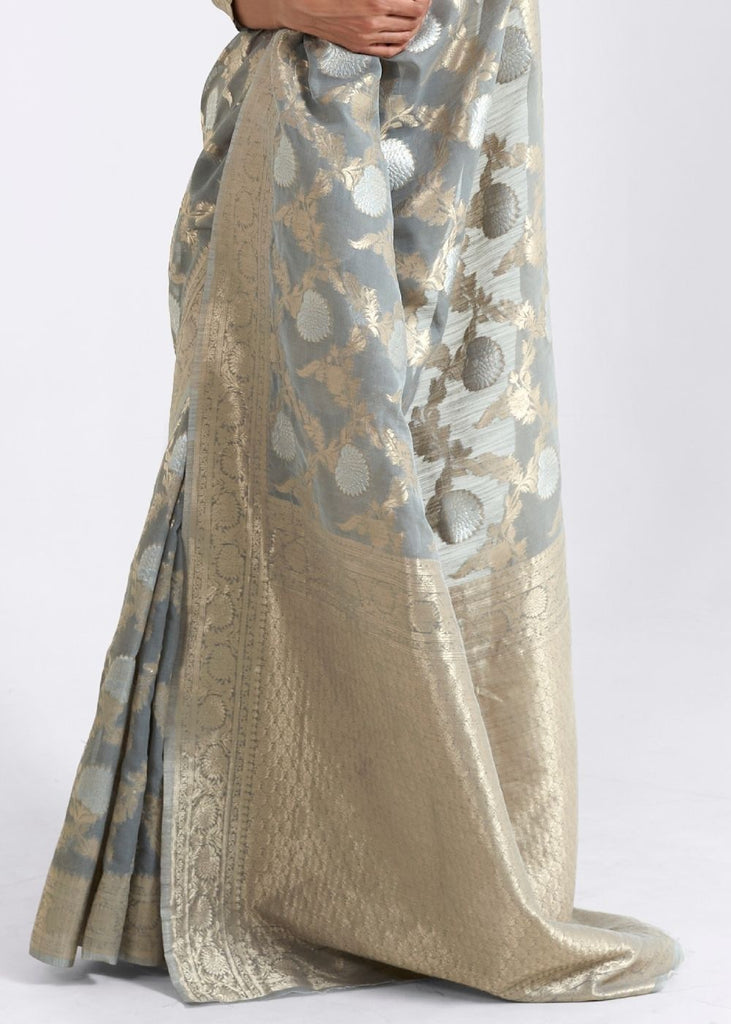 Seal Grey Zari Woven Linen Silk Saree Clothsvilla