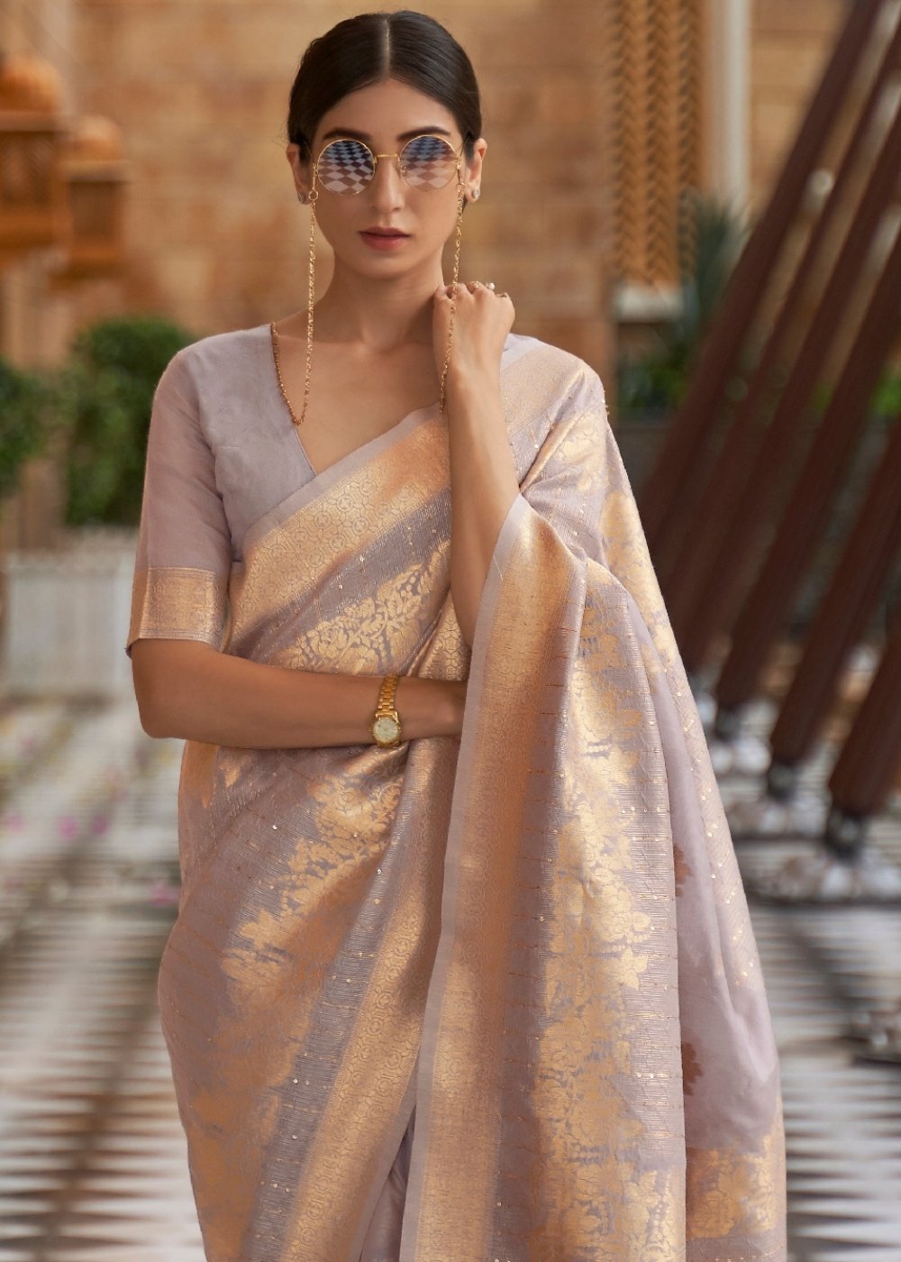 African Purple Zari Woven Banarasi Silk Saree with Sequins work Secondary image