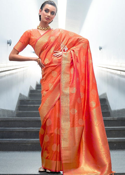 Coral Orange Woven Banarasi Silk Saree with overall Butti Clothsvilla Main image