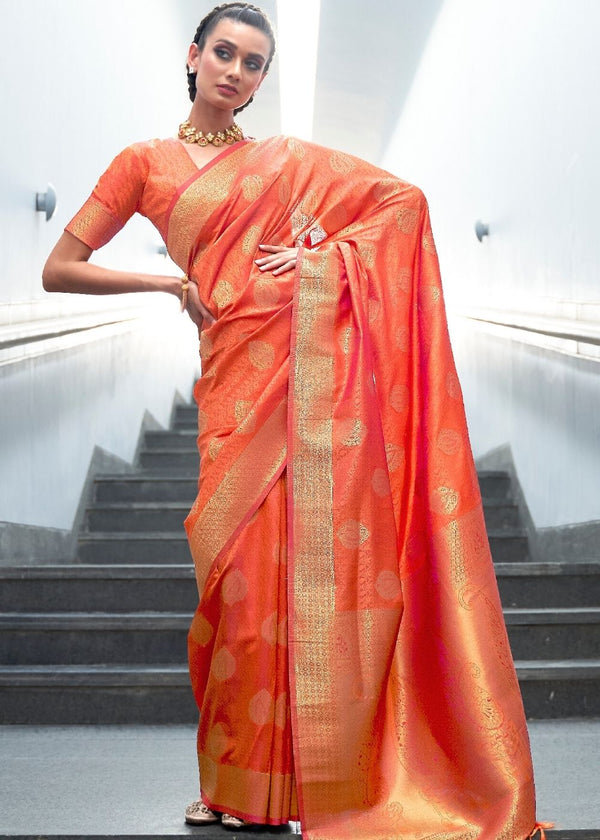 Coral Orange Woven Banarasi Silk Saree with overall Butti Clothsvilla