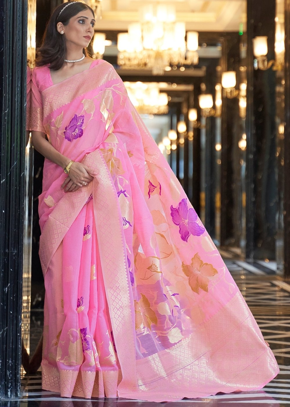 Vivid Pink Zari Woven Linen Silk Saree Clothsvilla Main image