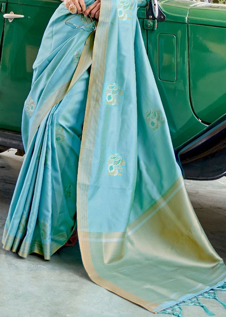 Sky Blue Zari Butta Banarasi-Chanderi Fusion Silk Saree Clothsvilla