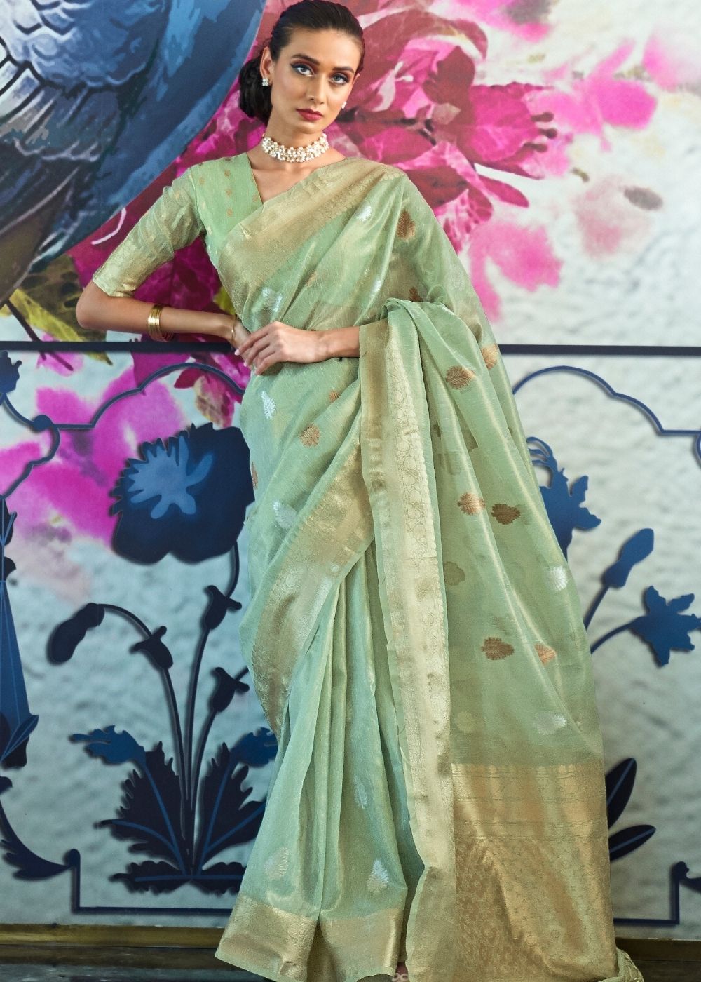 Fern Green Zari Woven Organza Silk Saree Clothsvilla Main image