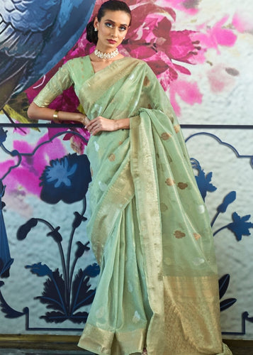 Fern Green Zari Woven Organza Silk Saree Clothsvilla