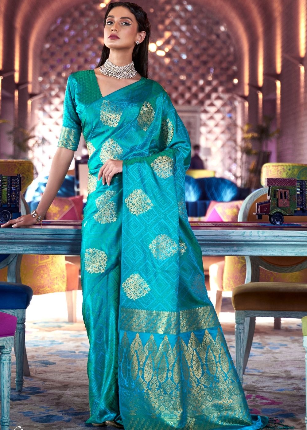 Sapphire Blue Satin Silk Saree with overall Golden Butti Clothsvilla Main image