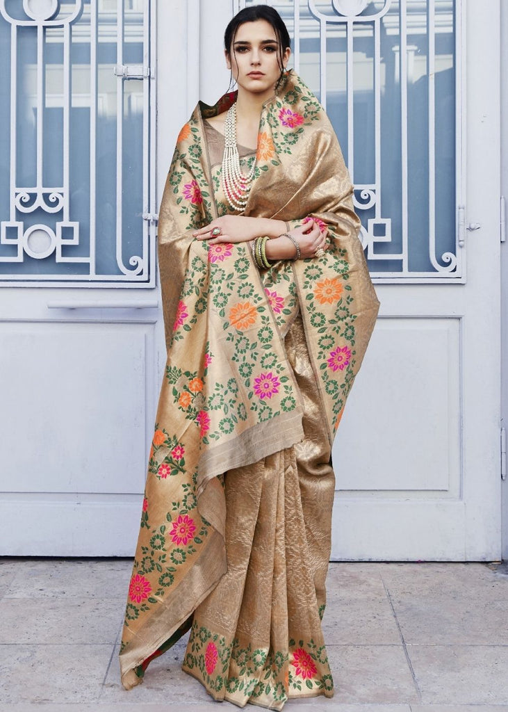 Cedar Brown and Golden Blend Silk Saree with Floral Woven Border and Pallu Clothsvilla