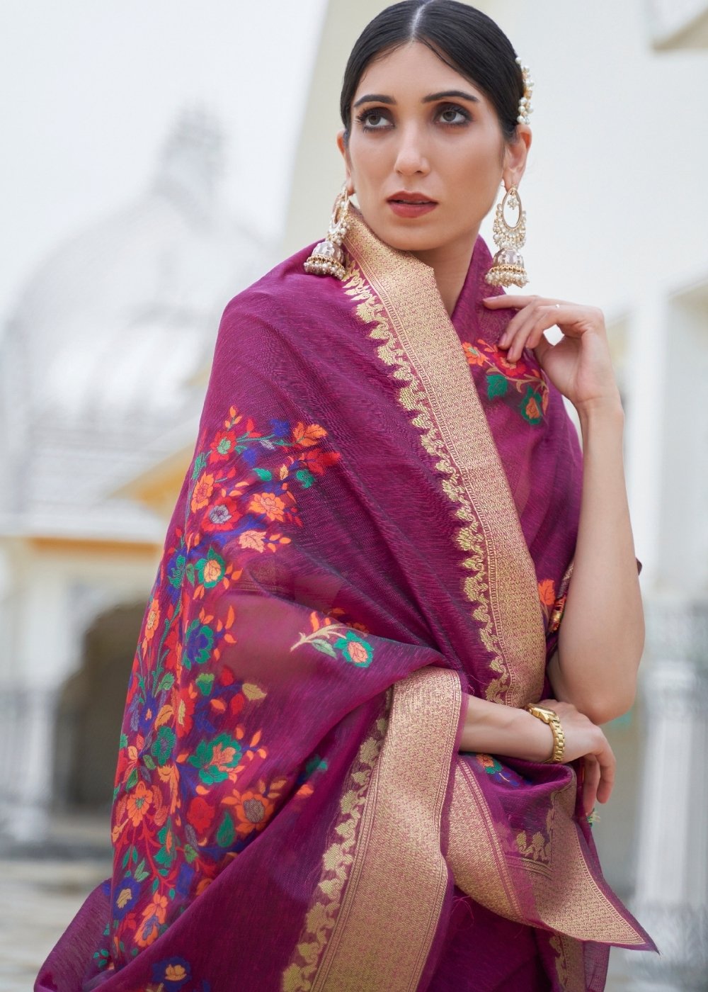 Magenta Purple Floral Embroidered Linen Silk Saree Secondary image