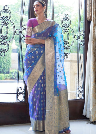 Egyptian Blue Zari Woven Organza Silk Saree Clothsvilla