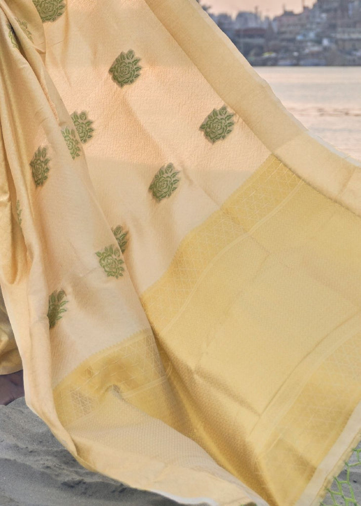 Saffron Yellow Linen Silk Saree with Zari Woven Butti overall Clothsvilla