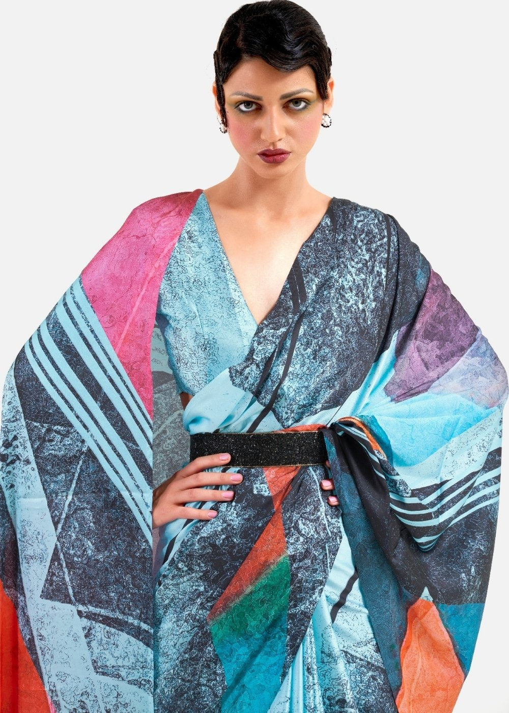 Sky Blue Digital Printed Satin Crepe Saree Secondary image