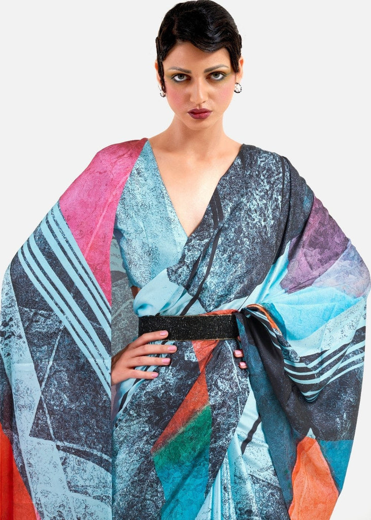 Sky Blue Digital Printed Satin Crepe Saree Clothsvilla