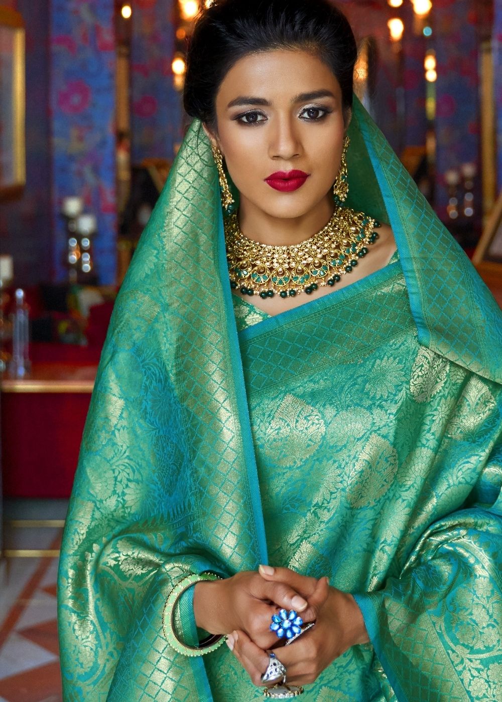 Turquoise Blue and Golden Blend Woven Kanjivaram Soft Silk Saree Secondary image
