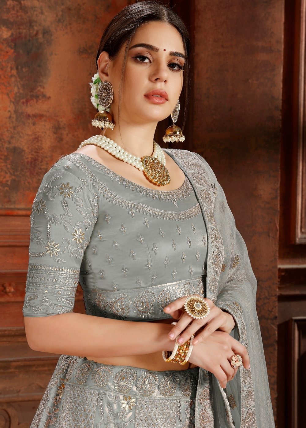 Trout Grey Soft Net Lehenga Choli with Thread, Zari, Zarkan & Pearl work Secondary image