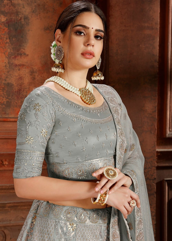 Trout Grey Soft Net Lehenga Choli with Thread,Zari, Zarkan & Pearl work Clothsvilla