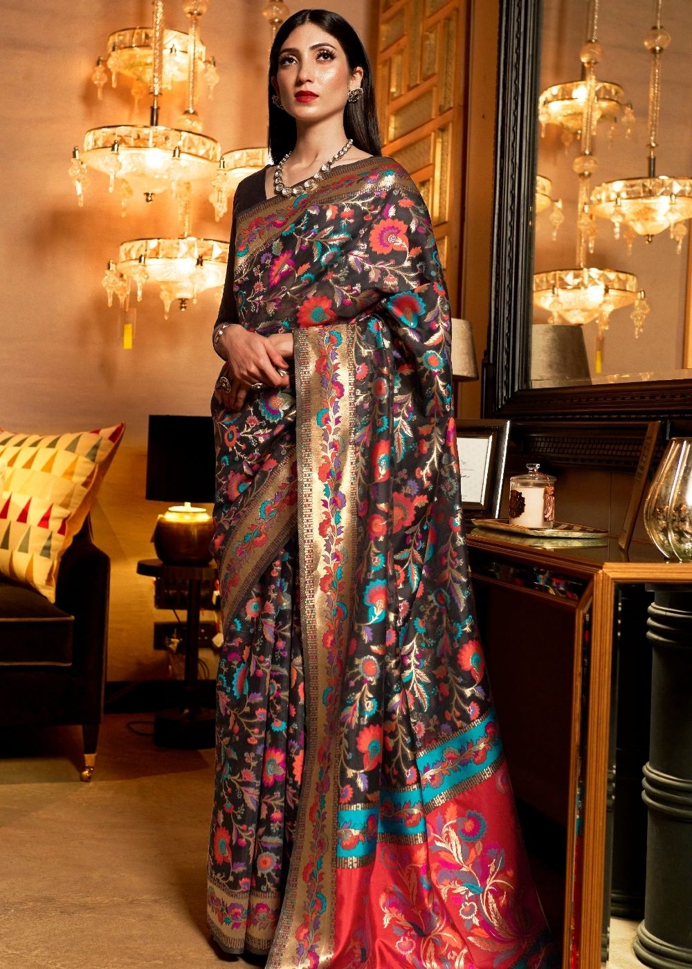 Pebble Black Banarasi Jamawar Woven Silk Saree : Top Pick Clothsvilla Main image