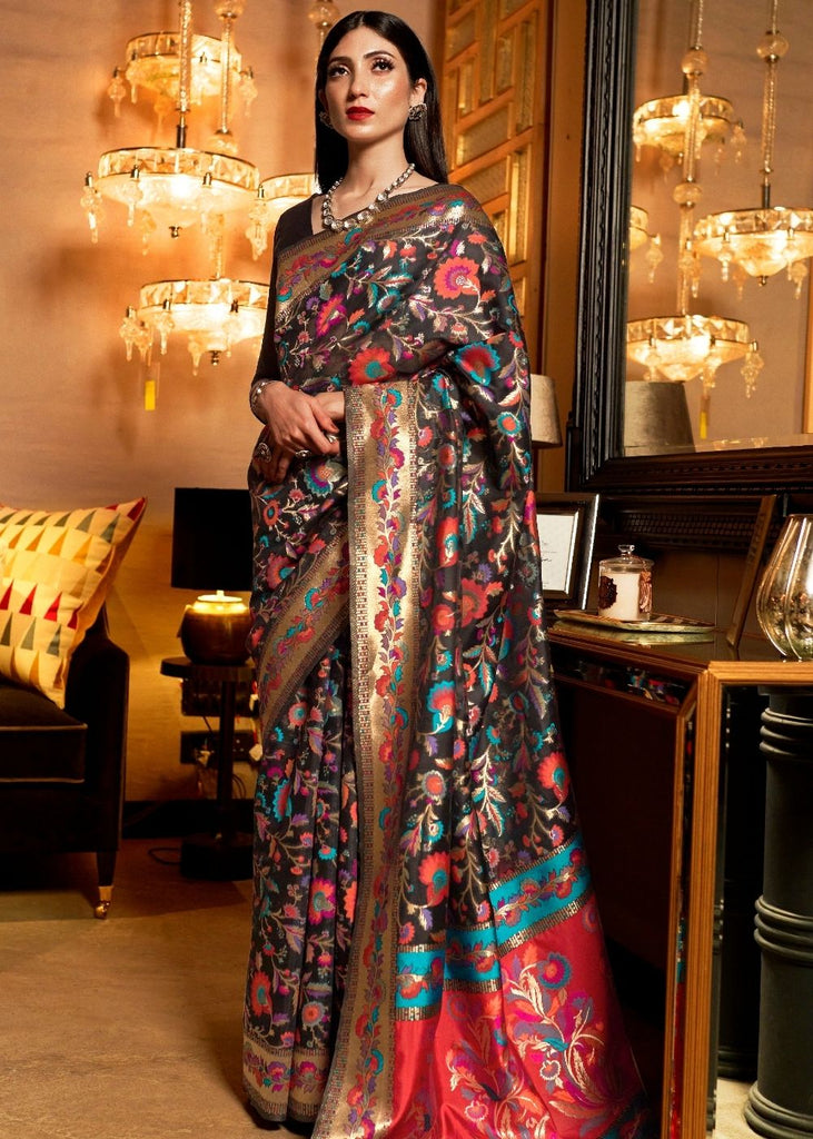 Pebble Black Banarasi Jamawar Woven Silk Saree : Top Pick Clothsvilla
