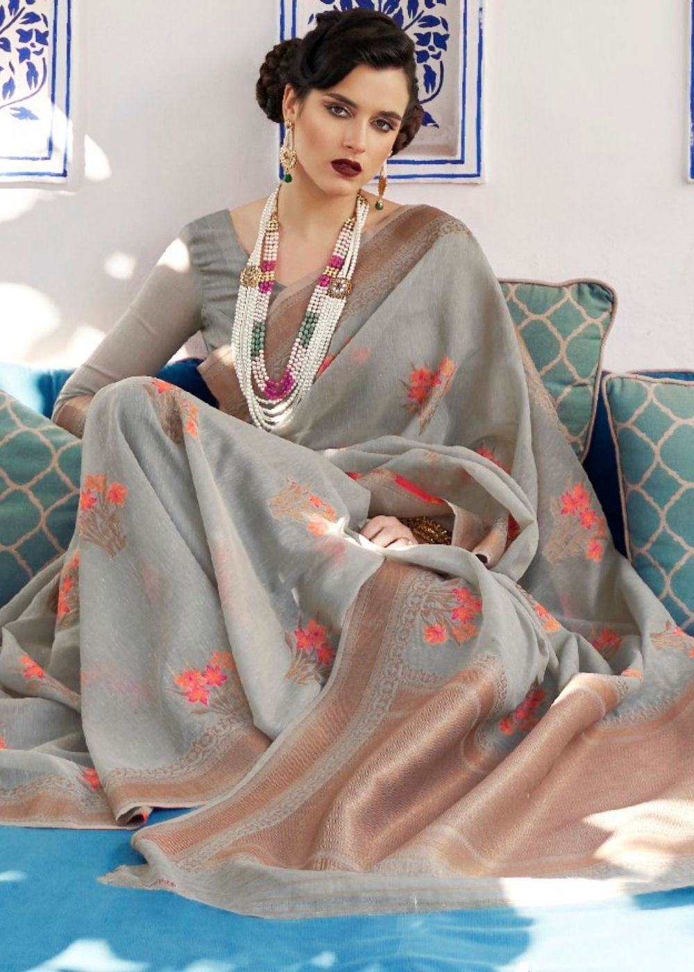 Metal Gray Linen Woven Silk Saree with Zari work on Border and Pallu Clothsvilla