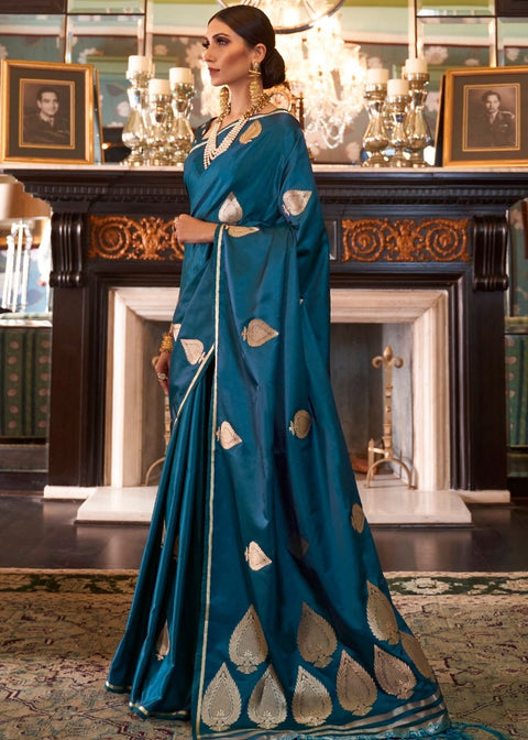 Prussian Blue Zari Butta Woven Banarasi Silk Saree : Top Pick Clothsvilla Main image
