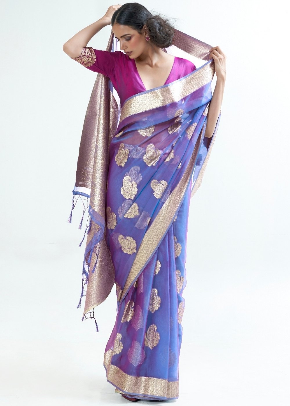 Lotus Blue Designer Woven Organza Silk Saree Secondary image