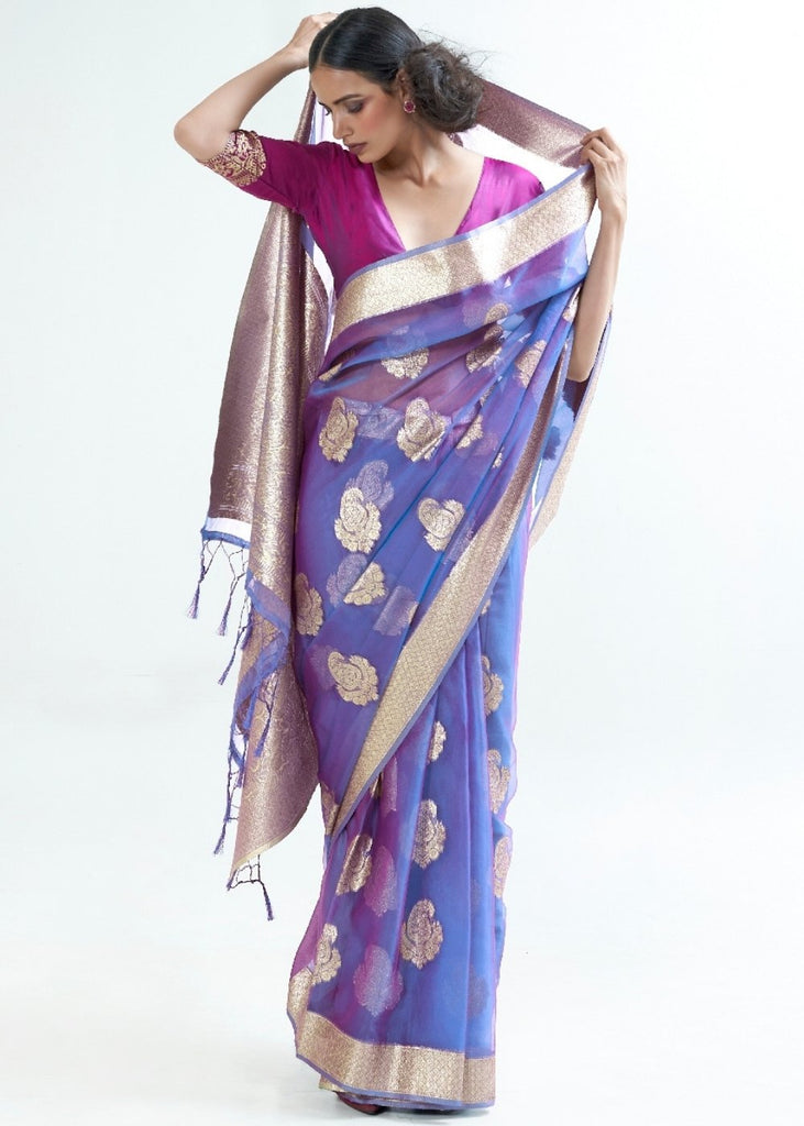 Lotus Blue Designer Woven Organza Silk Saree Clothsvilla