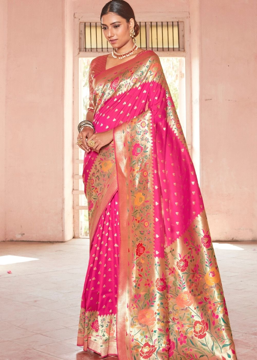 Cerise Pink Woven Paithani Silk Saree Clothsvilla Main image