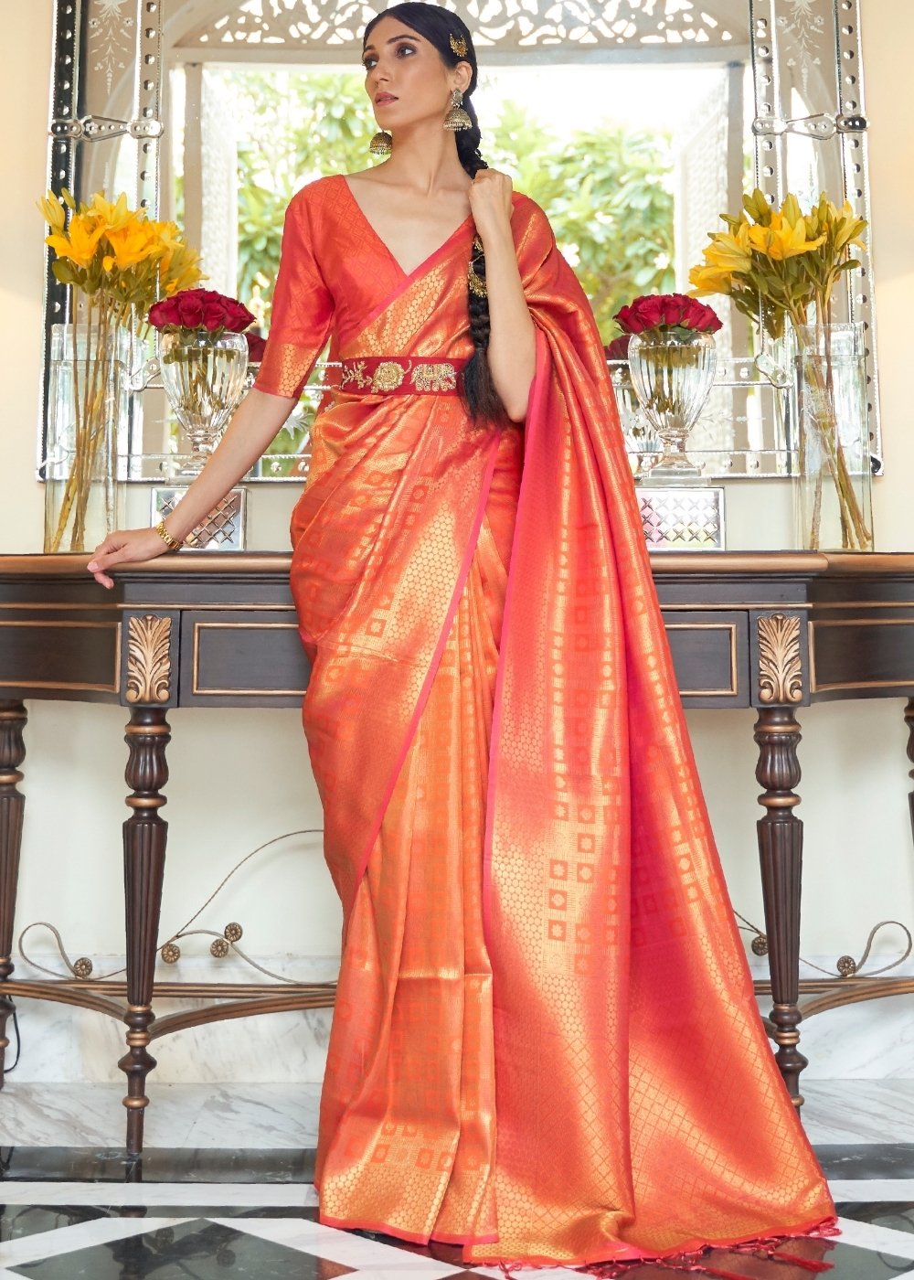 Persimmon Orange Zari Woven Kanjivaram Silk Saree with Tassels on Pallu Clothsvilla