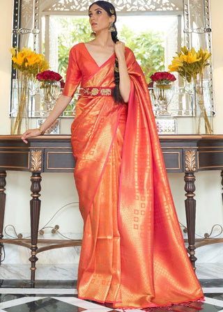 Persimmon Orange Zari Woven Kanjivaram Silk Saree with Tassels on Pallu Clothsvilla