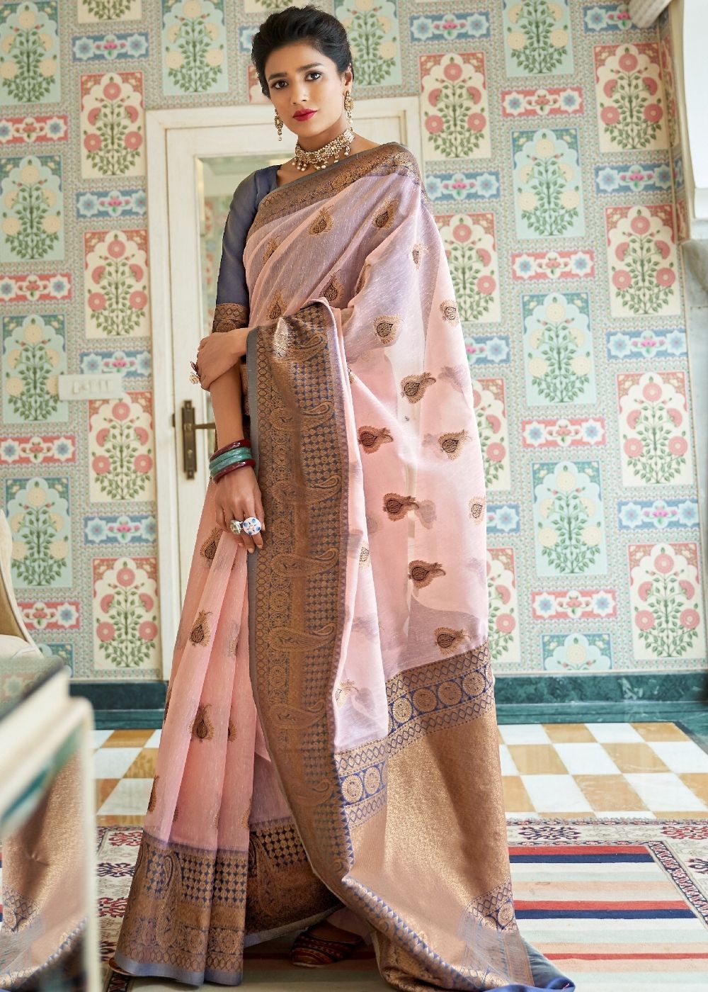 Blush Pink Woven Linen Silk Saree with Butti overall Clothsvilla Main image