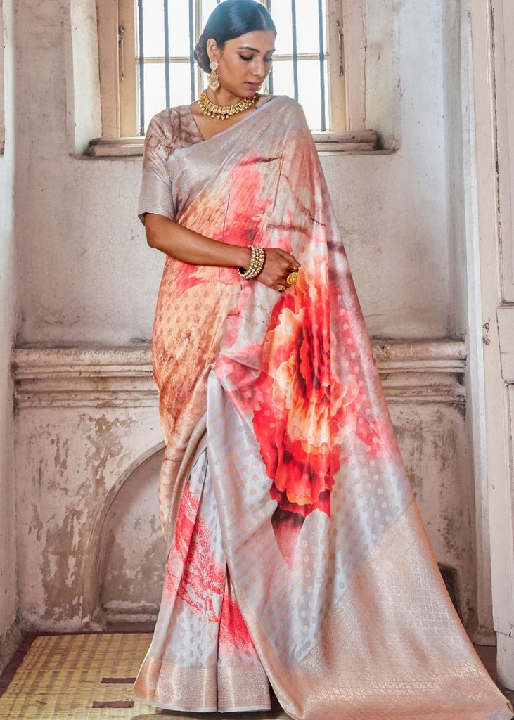 Fog Grey Printed Satin Silk Saree Clothsvilla