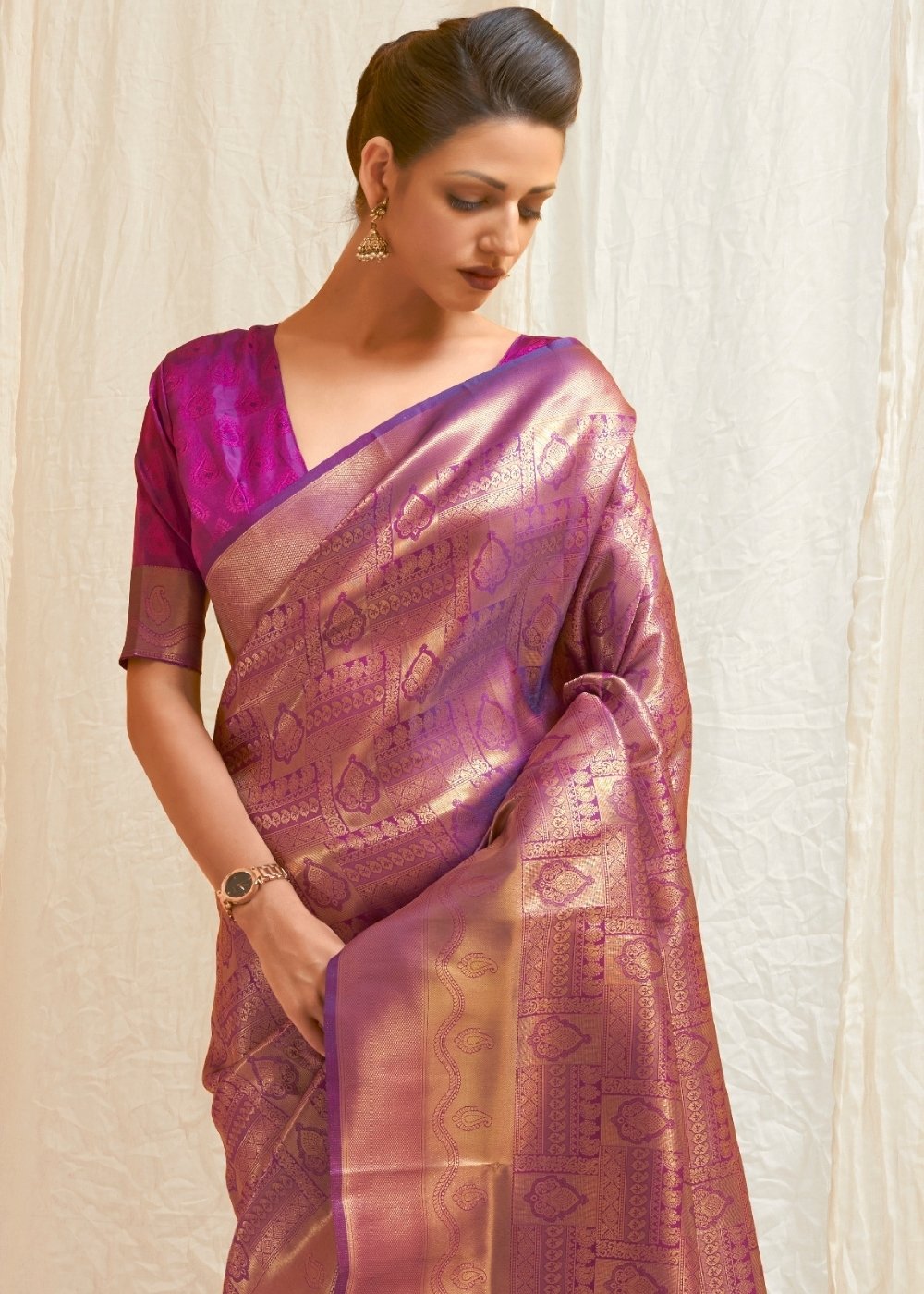 Deep Purple & Golden Blend Kanjivaram Silk Saree Secondary image