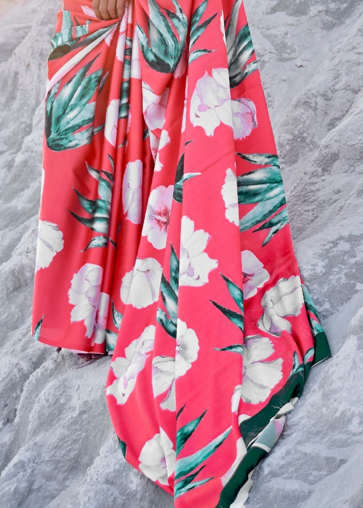 Strawberry Pink Digital Printed Crepe Silk Saree Clothsvilla