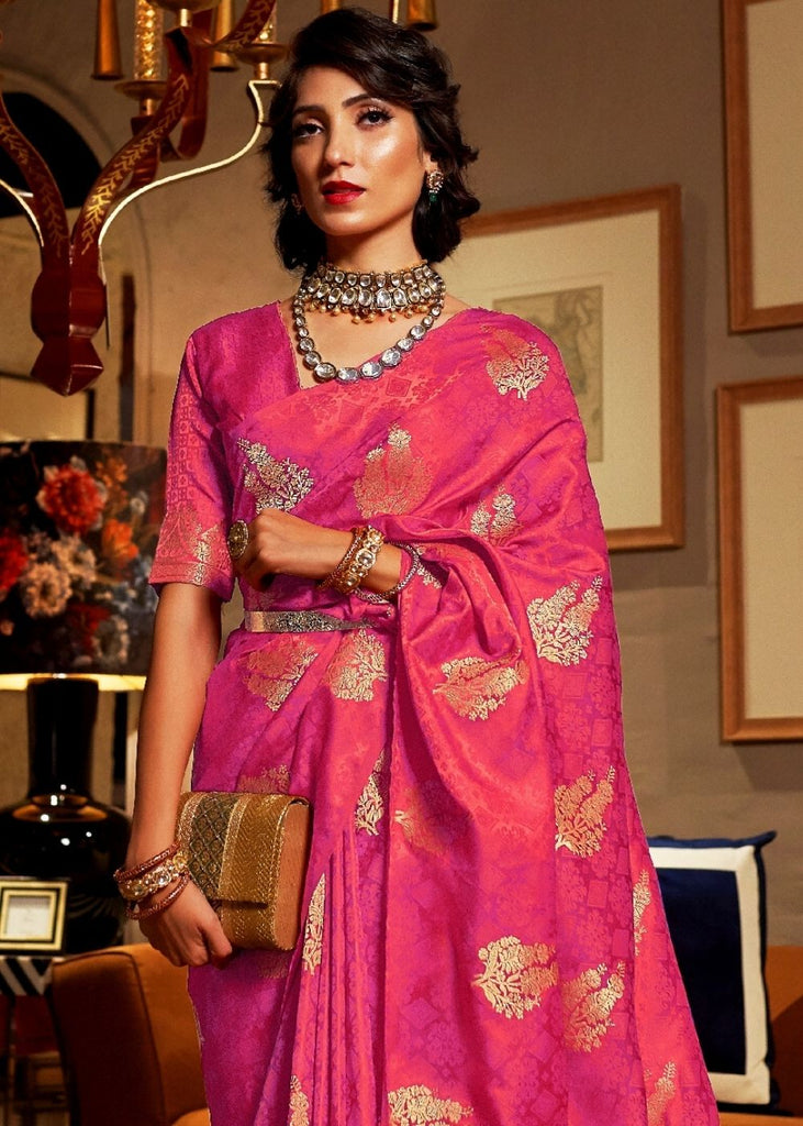 Hot Pink Satin Woven Silk Saree with overall Golden Buti Clothsvilla