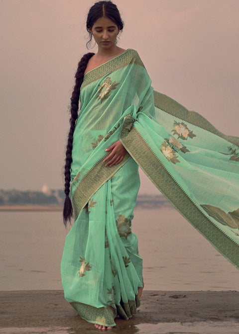 Mint Green Woven Linen Silk Saree with Floral Motif on Pallu and Border Clothsvilla Main image