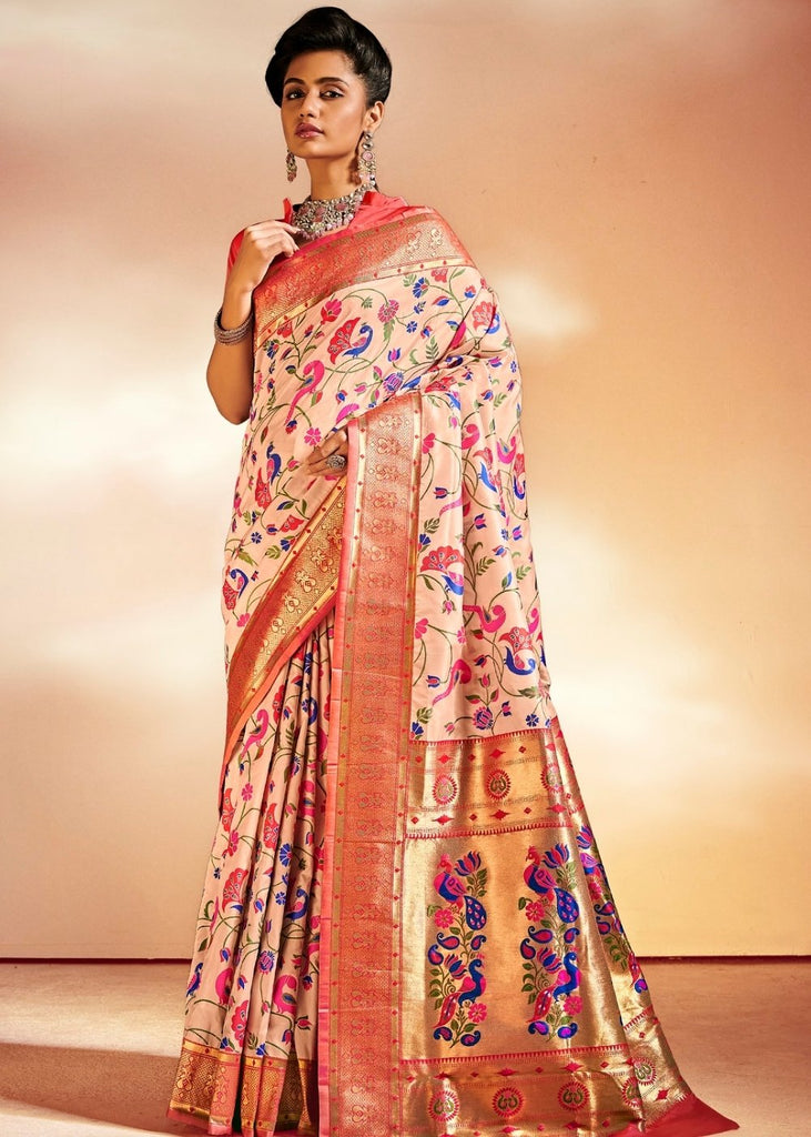 Salmon Pink Woven Banarasi Paithani Silk Saree Clothsvilla