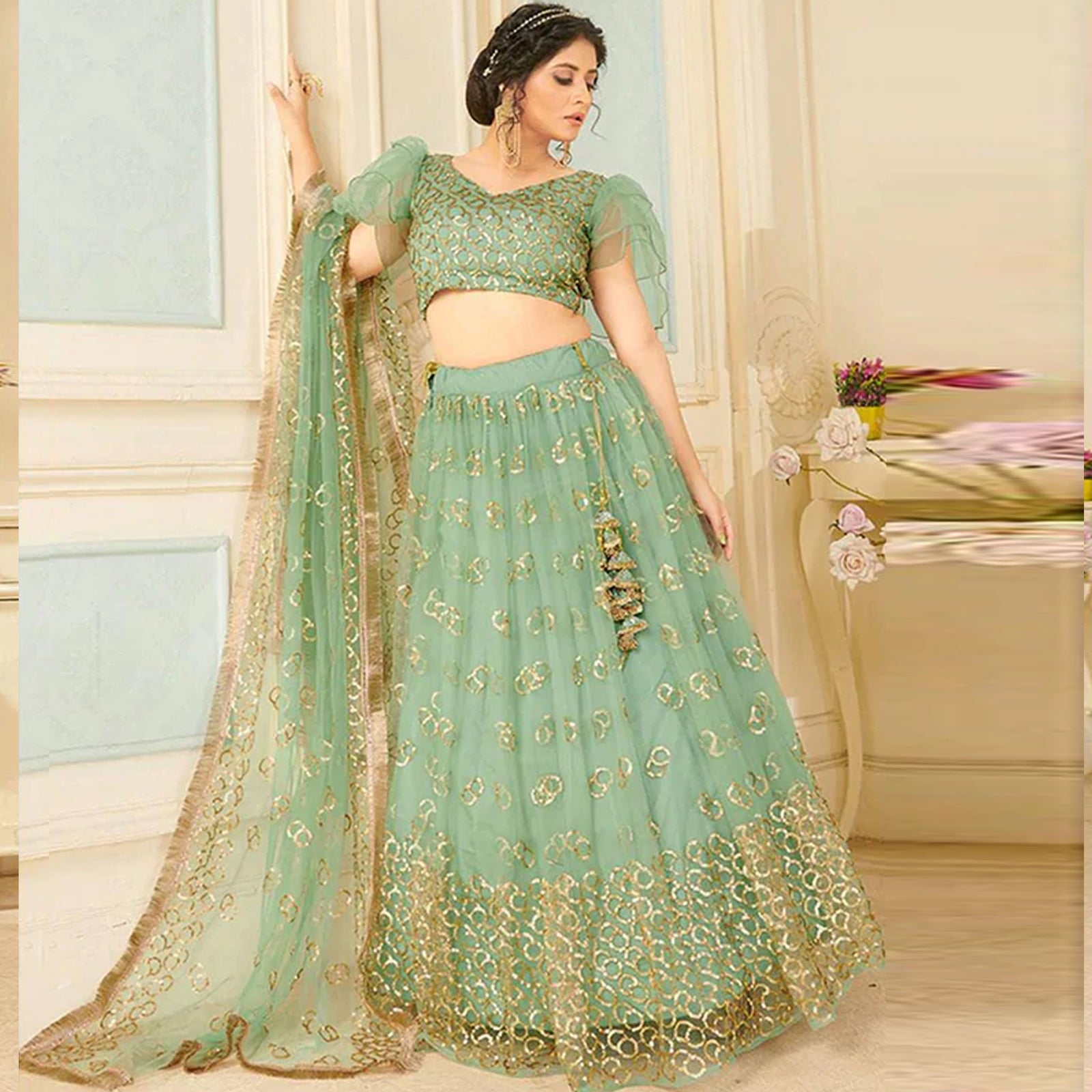 Soft Net Lehenga Choli with heavy sequins, Embroidery and Thread Work ClothsVilla