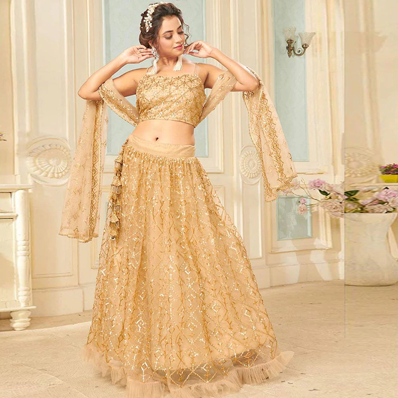 Soft Net Lehenga Choli with heavy sequins, Embroidery and Thread Work ClothsVilla