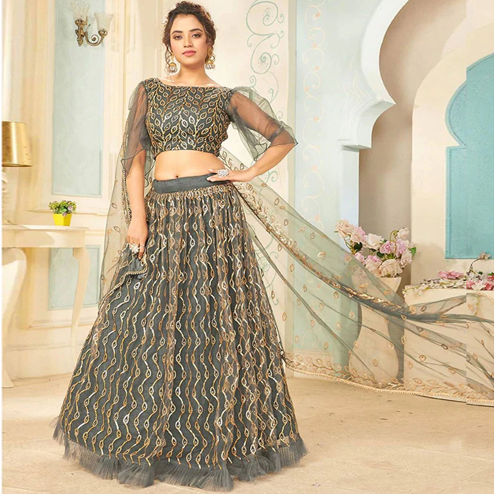 Soft Net Lehenga Choli with heavy sequins, Embroidery and Thread Work ClothsVilla
