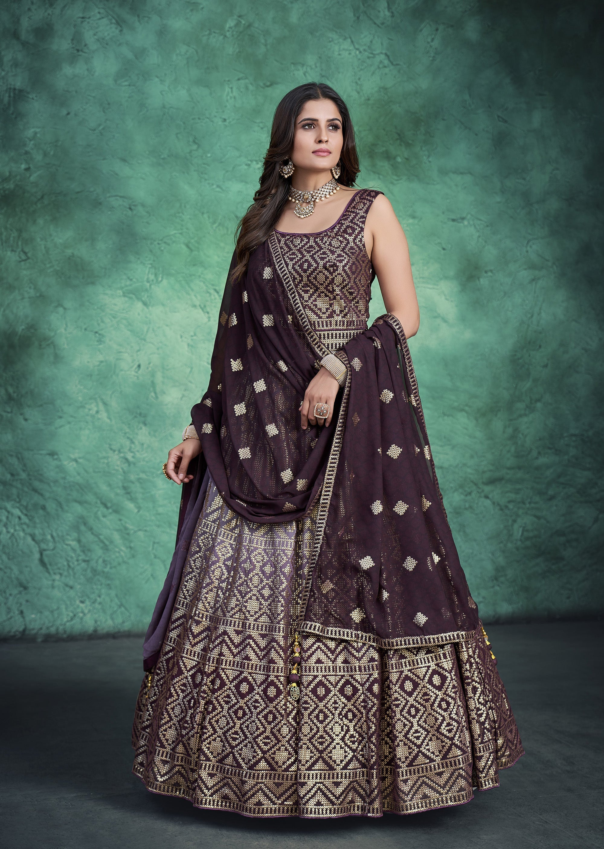 Wine Resham Embroidery Faux Georgette Anarkali for Sangeet Clothsvilla Main image