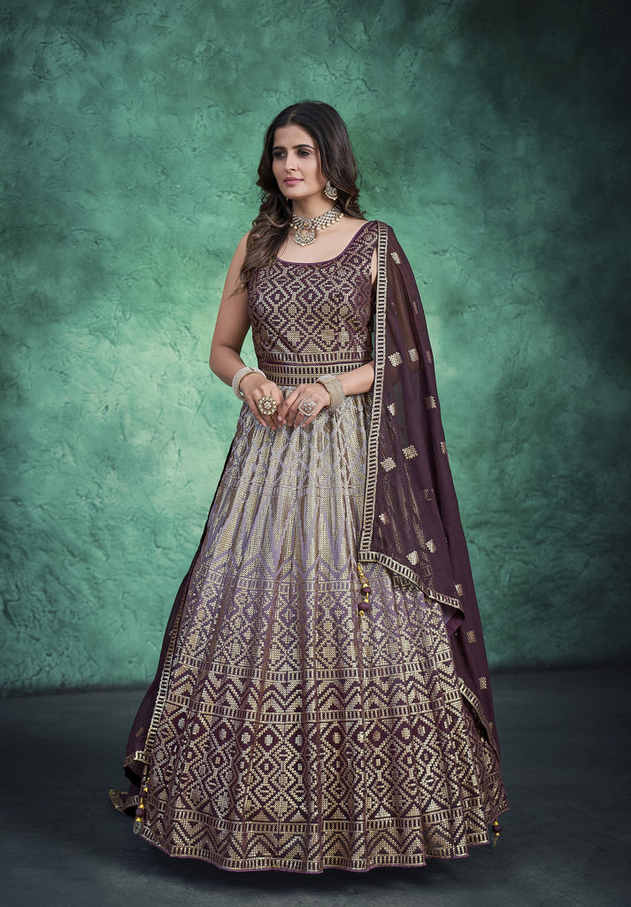 Wine Resham Embroidery Faux Georgette Anarkali for Sangeet Clothsvilla