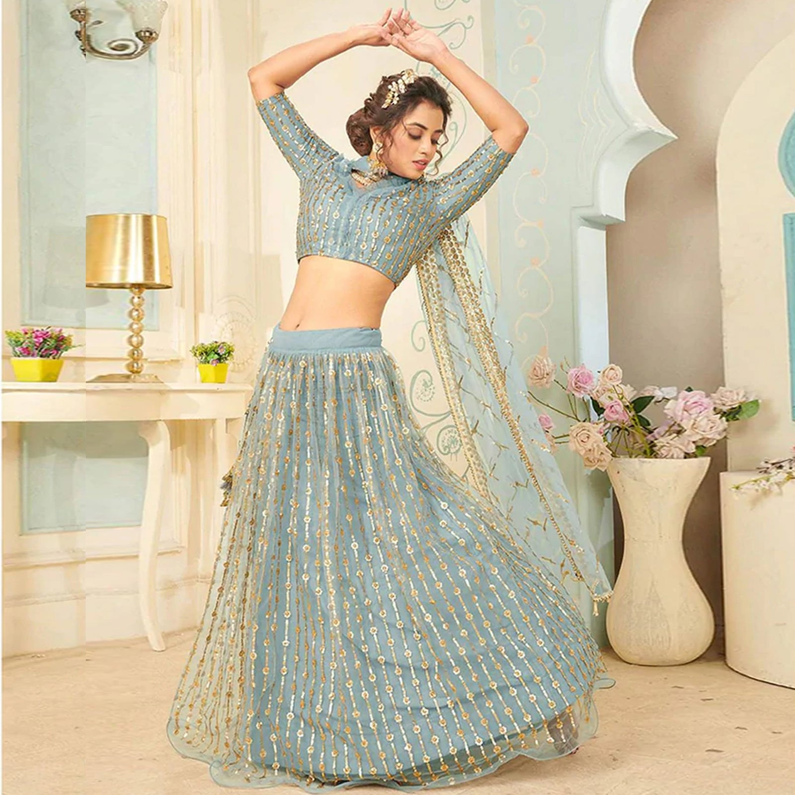 Soft Net Lehenga Choli with heavy sequins, Embroidery and Thread Work ClothsVilla