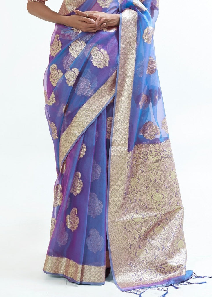 Lotus Blue Designer Woven Organza Silk Saree Clothsvilla