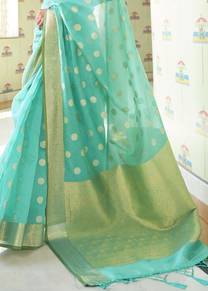 Emerald Green Zari Woven Linen Silk Saree Clothsvilla