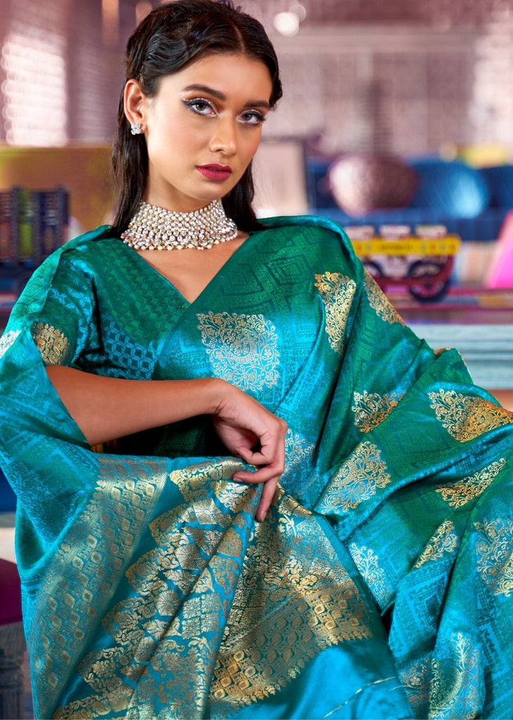 Sapphire Blue Satin Silk Saree with overall Golden Butti Clothsvilla