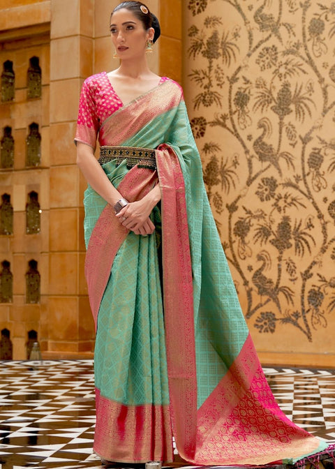 Caribbean Green Zari Woven Kanjivaram Silk Saree Clothsvilla Main image
