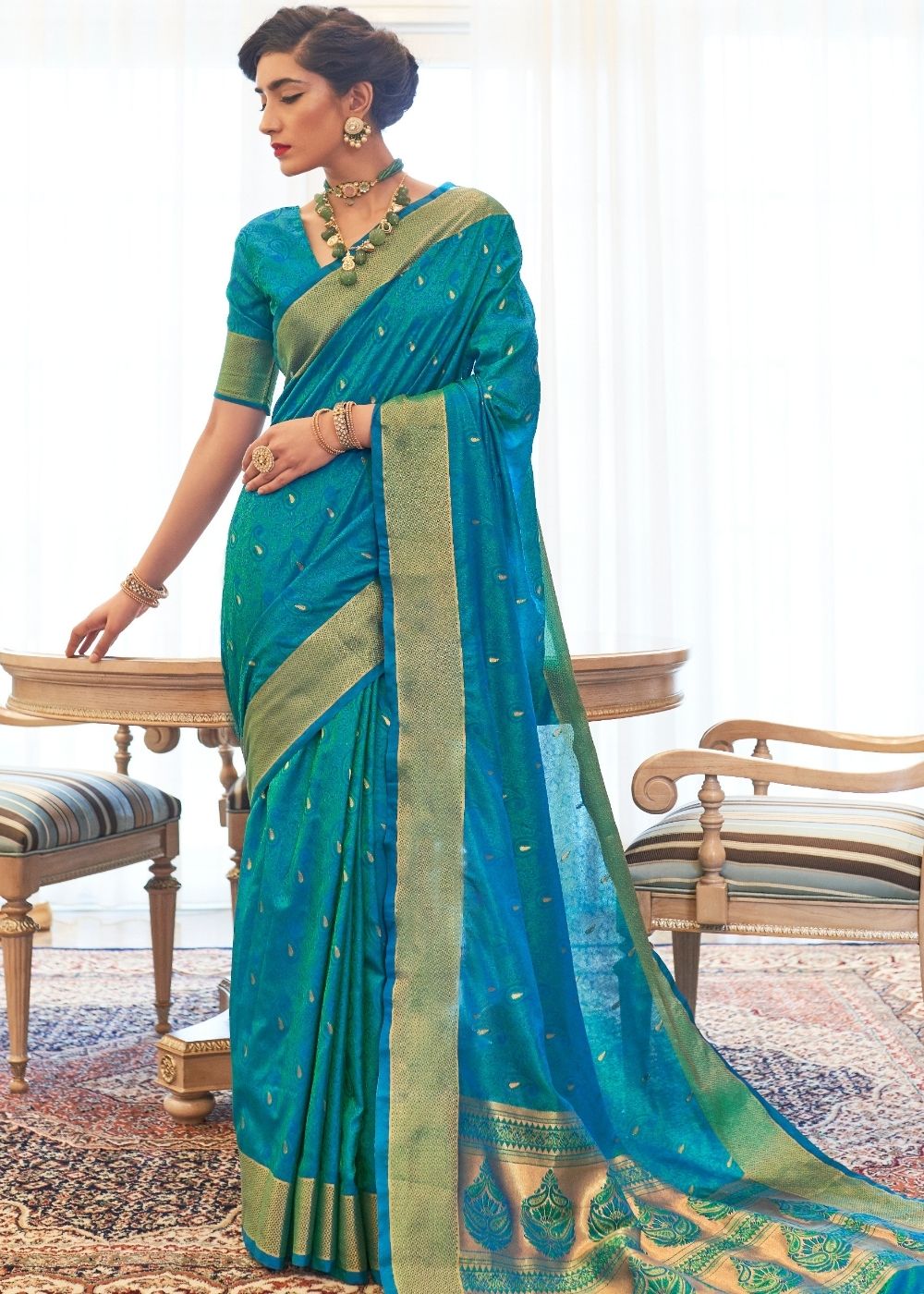 Cerulean Blue Ultra Soft Kanjivaram Silk Saree with Zari  Border and Pallu Clothsvilla Main image