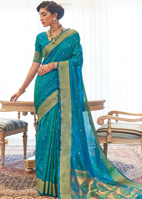 Cerulean Blue Ultra Soft Kanjivaram Silk Saree with Zari  Border and Pallu Clothsvilla Main image